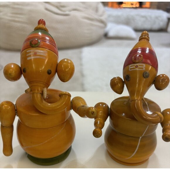 Wooden Indian Elephant Ganesha Set Of 2 Handcrafted Wooden Ganapathi - Picture 5 of 14